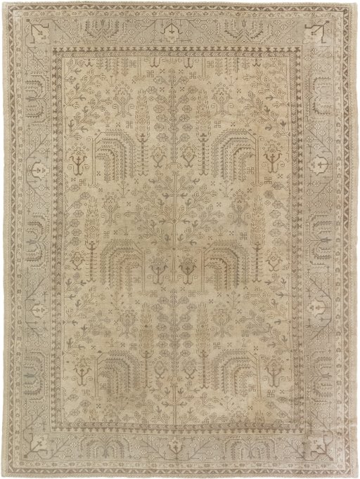 Full view of 1920s Oushak rug from Turkey, 374 × 280 cm in Beige tones