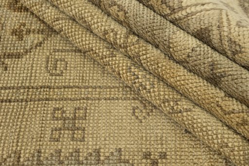 Full view of 1920s Oushak rug from Turkey, 374 × 280 cm in Beige tones