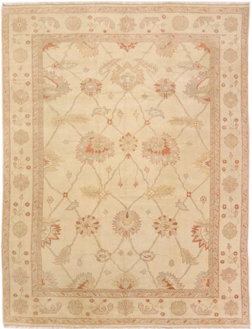 Full view of New Oushak rug from India, 364 × 282 cm in Beige tones