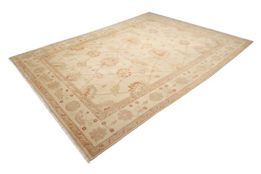 Corner detail of New Oushak rug showing border pattern and Wool pile