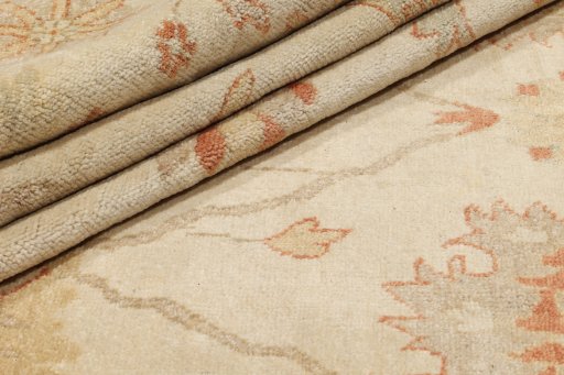 Full view of New Oushak rug from India, 364 × 282 cm in Beige tones