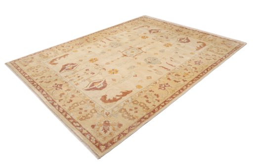 Corner detail of 1990s Oushak rug showing border pattern and Wool pile