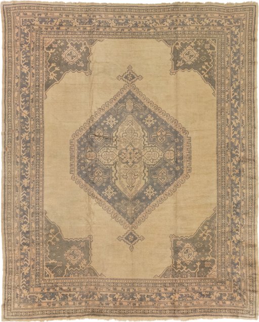 Full view of 1920s Oushak rug from Turkey, 447 × 373 cm in Brown tones
