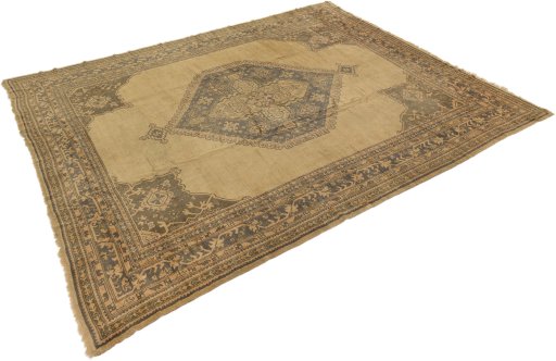 Corner detail of 1920s Oushak rug showing border pattern and Wool pile