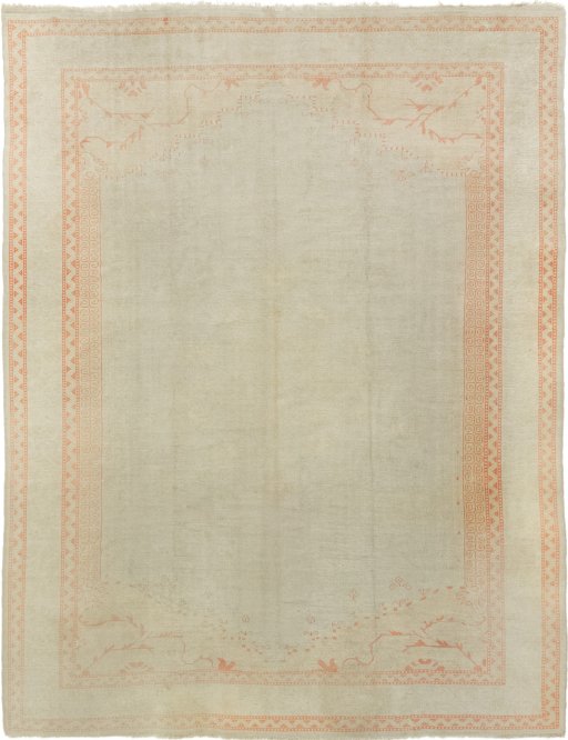 Full view of 1920s Oushak rug from Turkey, 378 × 287 cm in Beige tones