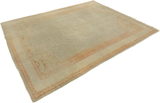 Corner detail of 1920s Oushak rug showing border pattern and Wool pile