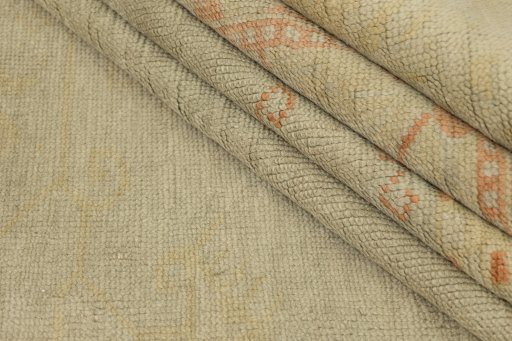 Full view of 1920s Oushak rug from Turkey, 378 × 287 cm in Beige tones