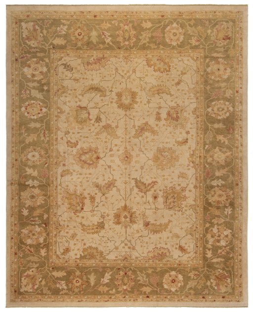 Full view of New Oushak rug from Turkey, 400 × 320 cm in Beige tones