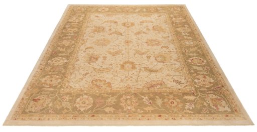 Backside of handmade New Oushak rug showing knot structure and weave density