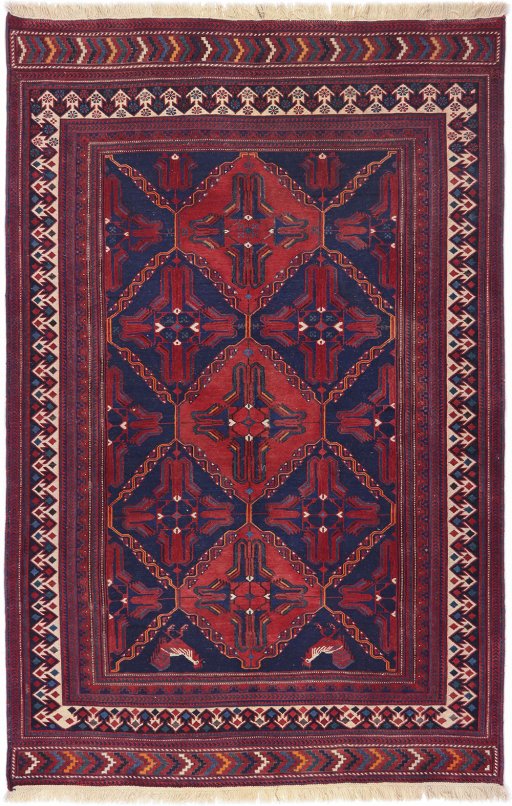 Full view of 1920s Sumakh rug from Iran / Persia, 231 × 150 cm in Dark blue tones