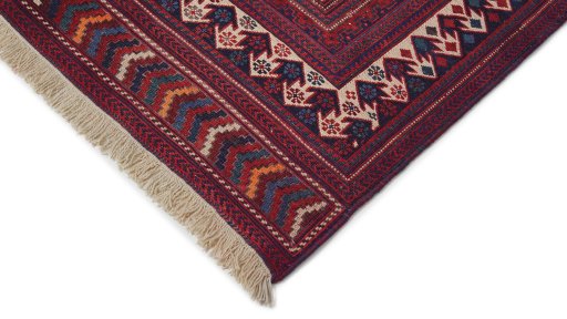 Backside of handmade 1920s Sumakh rug showing knot structure and weave density