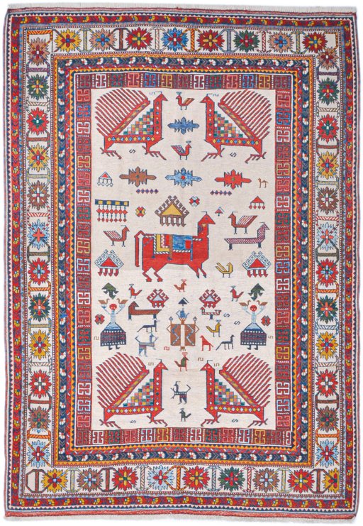Full view of New Sumakh rug from Iran / Persia, 239 × 168 cm in Cream tones