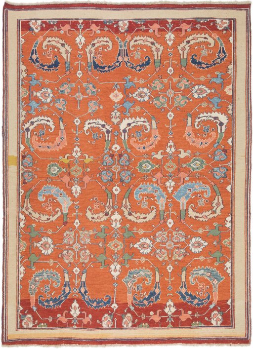 Full view of 1980s Sumakh rug from Iran / Persia, 234 × 170 cm in Red tones