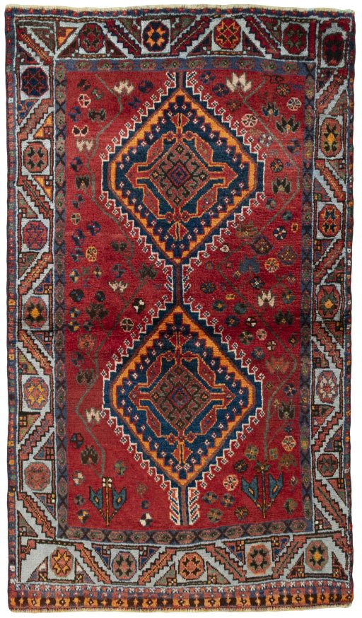 Full view of 2000s Shiraz rug from Iran / Persia, 193 × 111 cm in Red tones