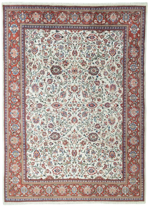 Full view of 1970s Sarough rug from Iran / Persia, 364 × 266 cm in Beige tones