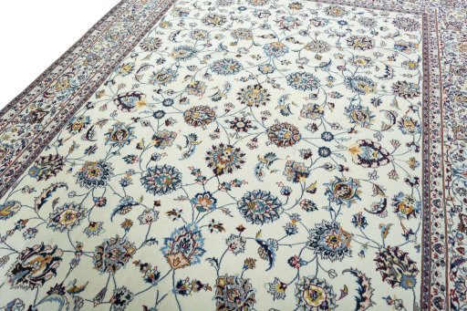 Backside of handmade 2000s Mashad rug showing knot structure and weave density