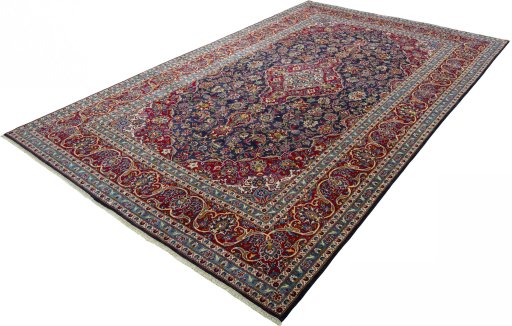 Corner detail of 2000s Kashan rug showing border pattern and Wool pile