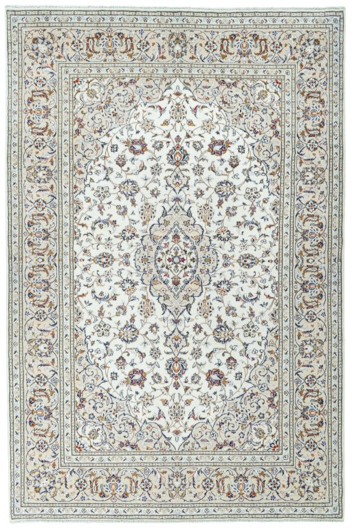 Full view of 2000s Kashan rug from Iran / Persia, 302 × 200 cm in Beige tones