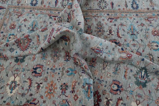 Full view of New Kazak rug from Pakistan, 310 × 249 cm in Gray tones