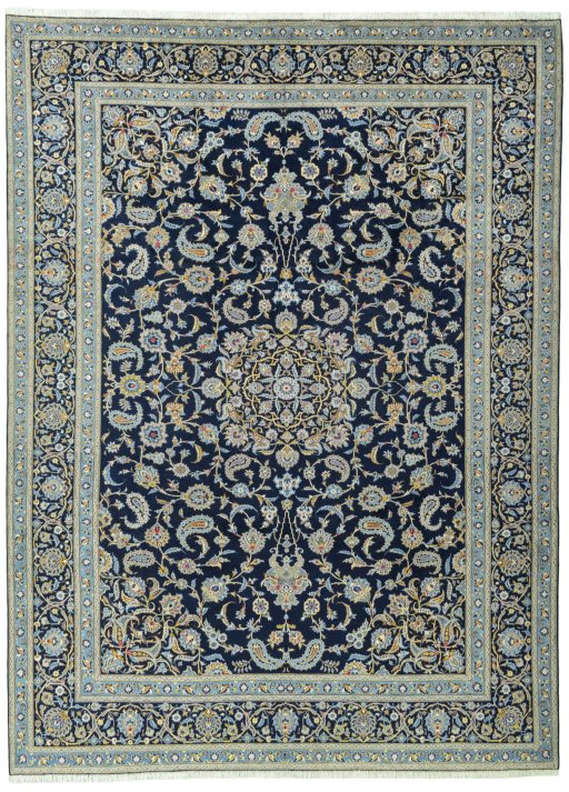 Full view of 2000s Kashan rug from Iran / Persia, 410 × 302 cm in Blue tones