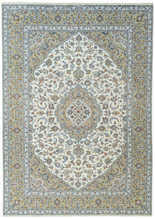 Full view of 2000s Kashan rug from Iran / Persia, 350 × 250 cm in Beige tones