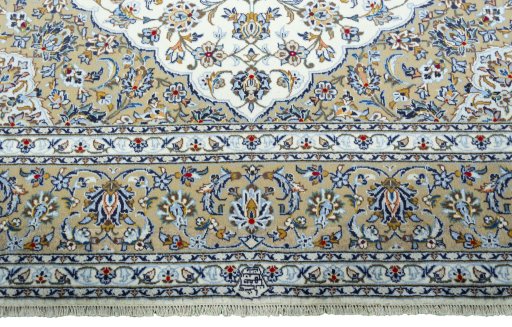 Full view of 2000s Kashan rug from Iran / Persia, 350 × 250 cm in Beige tones
