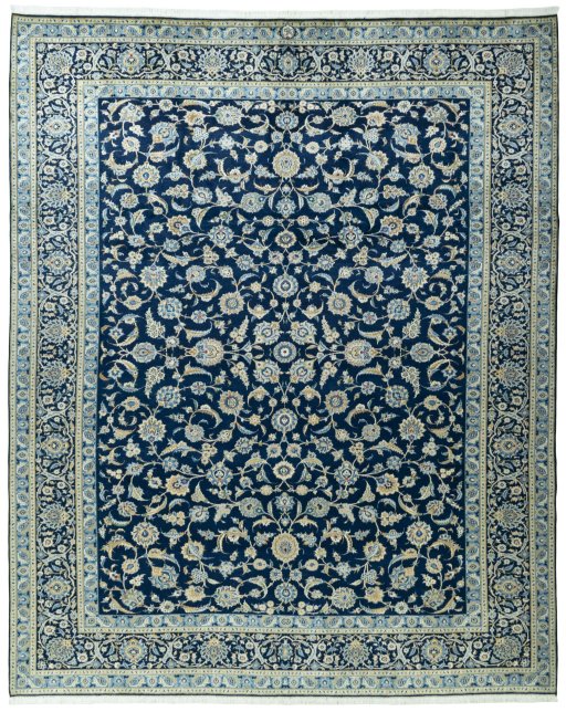 Full view of 2000s Kashan rug from Iran / Persia, 392 × 317 cm in Blue tones