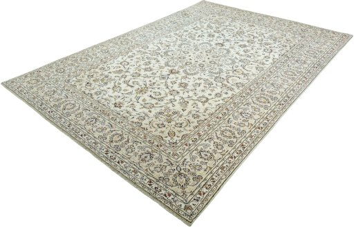 Corner detail of 2000s Kashan rug showing border pattern and Wool pile