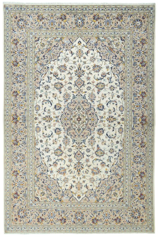 Full view of 2000s Kashan rug from Iran / Persia, 296 × 197 cm in Beige tones