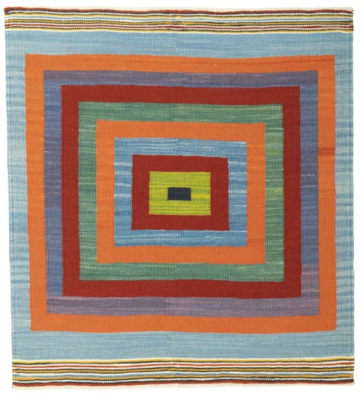 Full view of New Kilim Sofre rug from Turkey, 109 × 99 cm in Multi Color tones