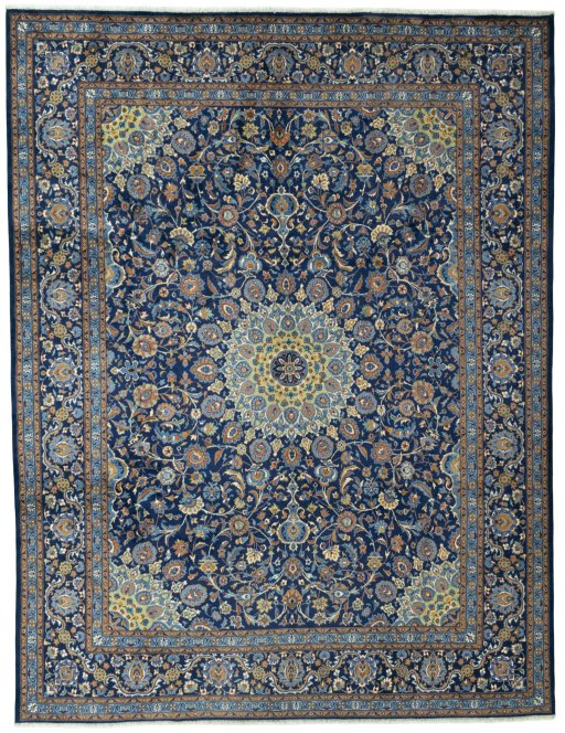 Full view of 2000s Kashmar rug from Iran / Persia, 393 × 300 cm in Blue tones