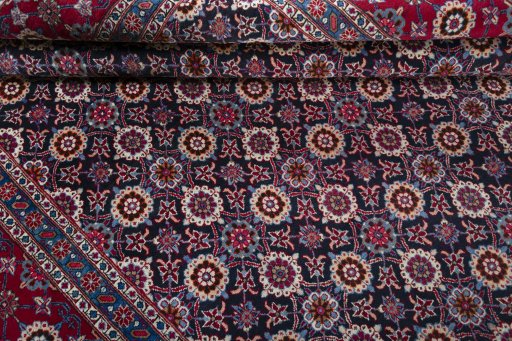 Full view of 2000s Mashad rug from Iran / Persia, 355 × 263 cm in Blue tones