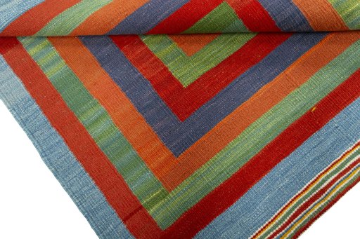 Full view of New Kilim Sofre rug from Turkey, 104 × 98 cm in Multi Color tones