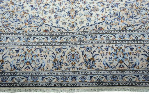 Full view of 2000s Kashan rug from Iran / Persia, 393 × 299 cm in Beige tones