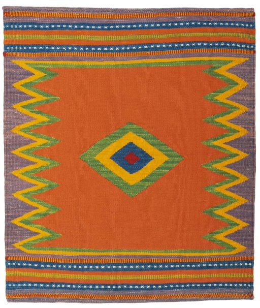 Full view of New Kilim Sofre rug from Turkey, 109 × 93 cm in Multi Color tones