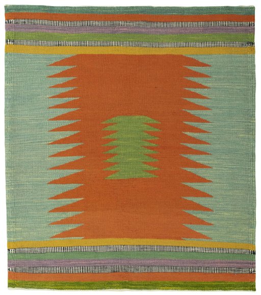 Full view of New Kilim Sofre rug from Turkey, 107 × 94 cm in Multi Color tones