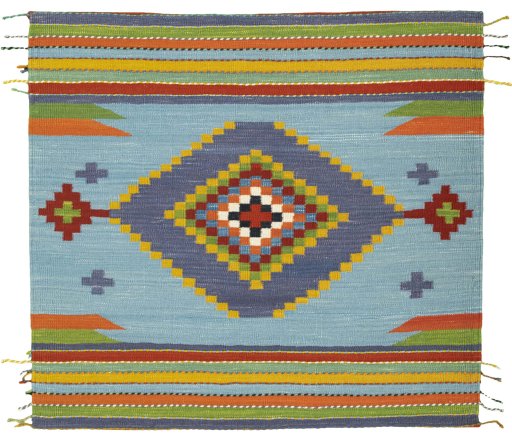 Full view of New Kilim Sofre rug from Turkey, 107 × 117 cm in Multi Color tones