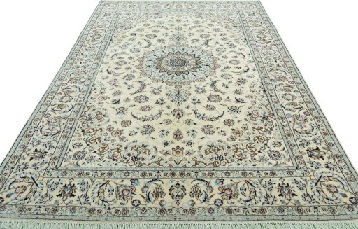 Surface texture of 2000s Nain rug with natural Wool and intricate pattern