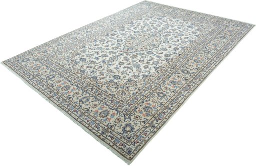 Corner detail of 2000s Kashan rug showing border pattern and Wool pile