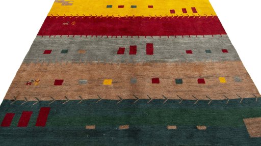 Surface texture of 2000s Persian Gabbeh rug with natural Wool and intricate pattern