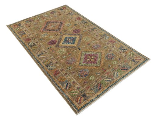 Corner detail of New Kazak rug showing border pattern and Wool pile