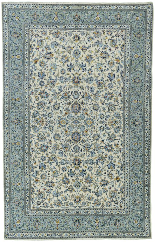 Full view of 2000s Kashan rug from Iran / Persia, 356 × 222 cm in Beige tones