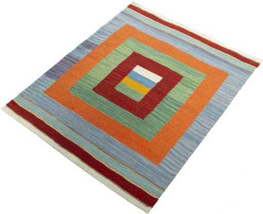 Corner detail of New Kilim Sofre rug showing border pattern and Wool pile