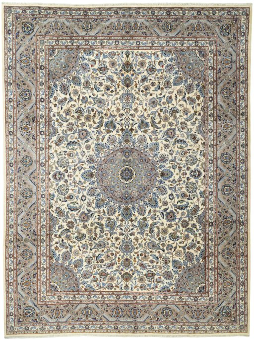 Full view of New Kashmar rug from Iran / Persia, 392 × 296 cm in Beige tones