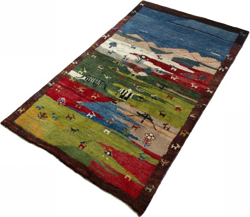 Corner detail of 2000s Persian Gabbeh rug showing border pattern and Wool pile