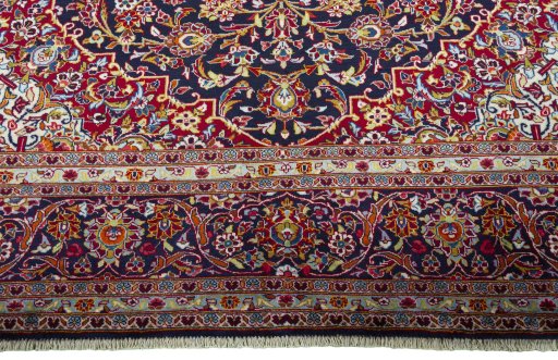 Full view of 2000s Kashan rug from Iran / Persia, 408 × 298 cm in Blue tones