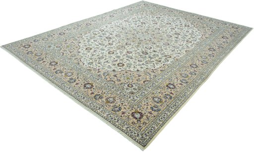 Corner detail of 2000s Kashan rug showing border pattern and Wool pile
