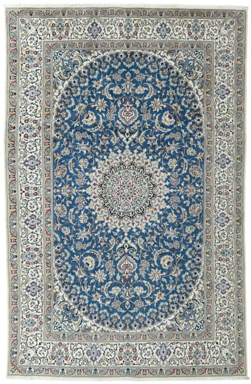 Full view of 2000s Nain rug from Iran / Persia, 370 × 240 cm in Blue tones