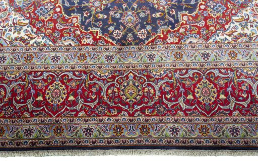 Full view of New Kashan rug from Iran / Persia, 422 × 298 cm in Blue tones