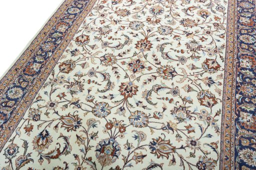 Backside of handmade 2000s Mashad rug showing knot structure and weave density